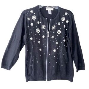 Cathy Daniels | Black Studded Floral Zip Front Cotton Cardigan Sweater, Small